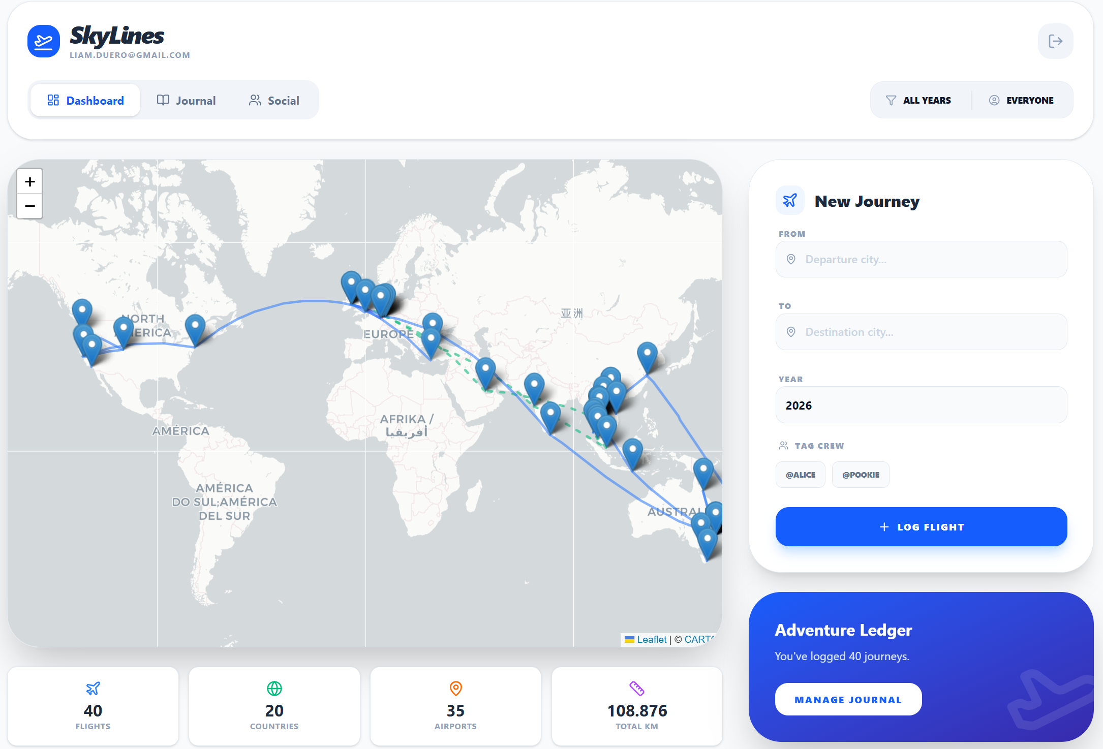 SkyLines: Interactive Flight Journal & Social Tracker